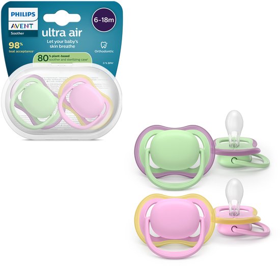 Philips Avent Ultra Air – Ademend en lichtgewicht fopspeen (6-18 mnd) – 2 stuks - SCF087/12 van Philips