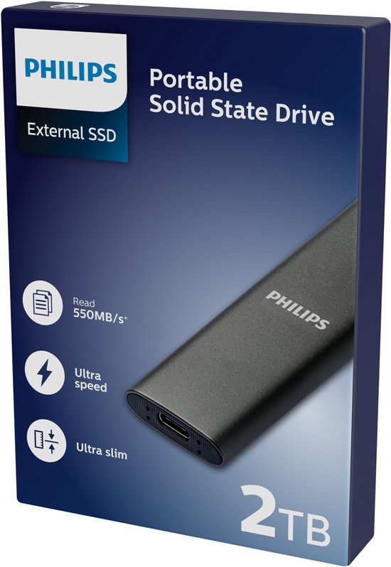Philips Draagbare externe SSD — 2TB — Ultra Slim SATA Ultra Speed — USB-C – USB — leessnelheid tot 550 MB/s — schrijfsnelheid tot 550 MB/s — Aluminium