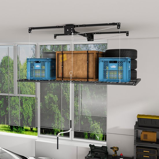 Plafondopbergrek Met Handslinger - 120 x 240 cm - Staal - Zwart - Voor Garage met Hoog Plafond 3 tot 3,6 m - Veilig Vergrendelbaar