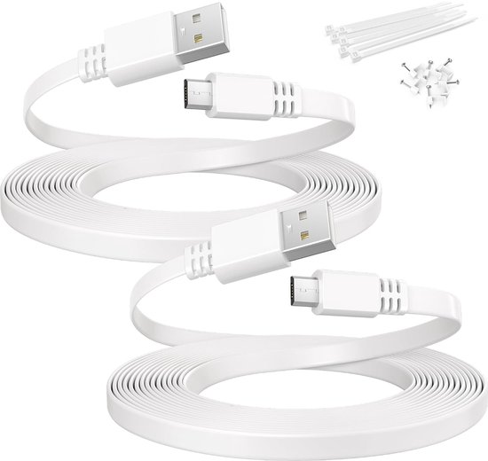 Platte USBA naar Micro USB Verlengkabel 6M 2Stuks,Voedingskabel,Wit | Kabel voor Beveiligingscamera's,Compatibel met Blink Mini/XT2/Outdoor 3,Wyze Cam v4/Pan v2/OG,YI Home,Ring,Arlo Q,eufy,EZVIZ