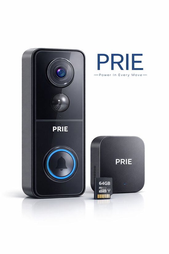 PRIE® 5K Ultra HD Slimme Draadloze Video Deurbel Met Camera - Geen abonnement - Deurbellen Met Camera - Deurbel Draadloos WiFi - Waterdicht - Incl. Gong (T-ring geluid) - Incl. 64GB SD
