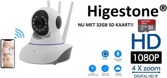 Professionele IP Camera met drie antennes- 1080P HD 2MP IP Camera Met 3 Antennes - Babyfoon - Met 32GB SD kaart - Draadloos - Beveiligingscamera - Camerabewaking - Nachtcamera - 1080P - Full HD - Higestone van Higestone