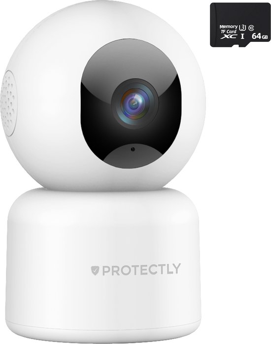 Protectly® Beveiligingscamera binnen - 2K 3MP Ultra HD – Beveiligingscamera’s – Huisdiercamera - Met WiFi APP - Volgt beweging en geluidsdetectie - Incl. 64GB SD - 2.4/5 GHz - Geen abonnementskosten - Wit van Protectly