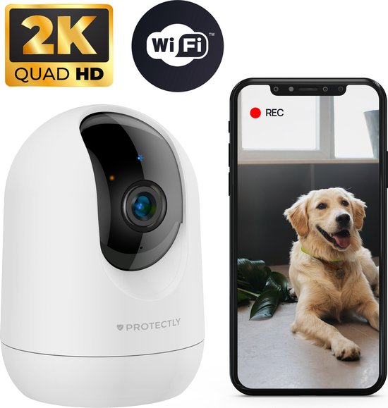 Protectly® Beveiligingscamera binnen - Huisdiercamera met app - Petcam - Hondencamera - Met WiFi APP - 2K 3MP Ultra HD - Volgt beweging en geluidsdetectie - Indoor Camera - Wit van Protectly