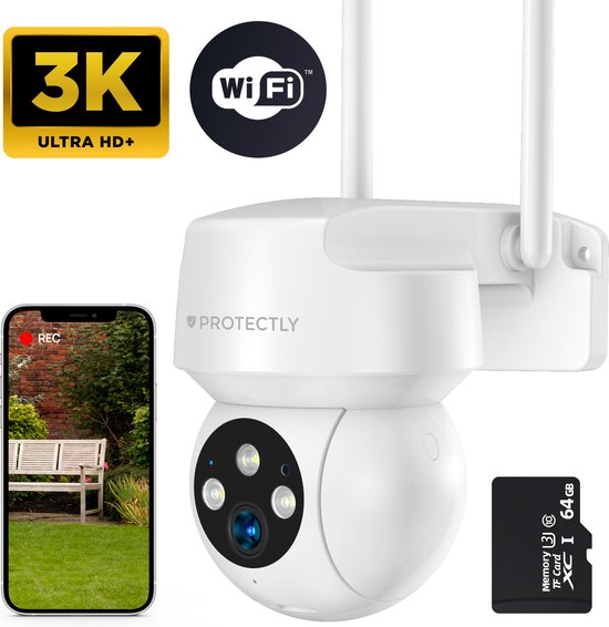 Protectly® Beveiligingscamera Buiten - Buiten Camera Met Nachtzicht - Buitencamera - Security camera - 3K HD 5MP - Met WiFi en APP - Incl. 64GB SD - Wit van Protectly