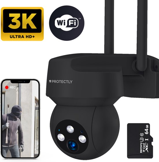 Protectly® Beveiligingscamera Buiten - Buiten Camera Met Nachtzicht - Buitencamera - Security camera - 3K HD 5MP - Met WiFi en APP - Incl. 64GB SD - Zwart van Protectly