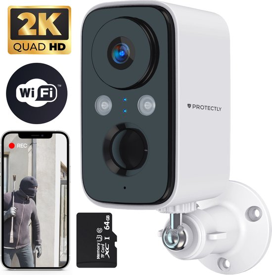 Protectly® Beveiligingscamera Draadloos Buiten – Bewakingscamera Voor Buiten - Buitencamera - Buiten Camera Met Nachtzicht - Security Camera - Oplaadbaar - 2K HD 3MP - Met WiFi en APP - Incl. 64GB SD - Zonnepaneel Optioneel - Wit van Protectly