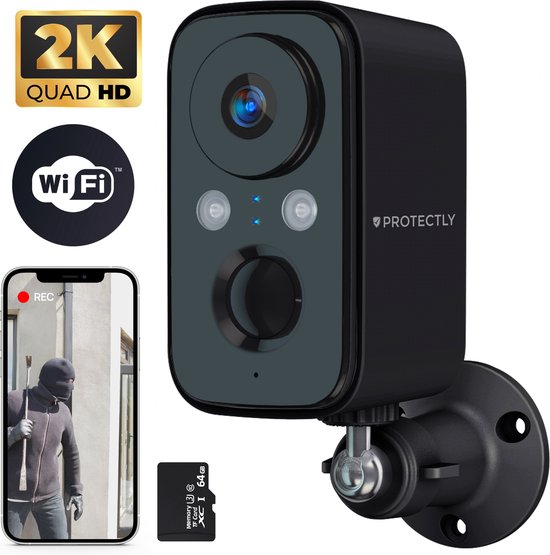 Protectly® Beveiligingscamera Draadloos Buiten – Bewakingscamera Voor Buiten - Buitencamera - Buiten Camera Met Nachtzicht - Security Camera - Oplaadbaar - 2K HD 3MP - Met WiFi en APP - Incl. 64GB SD - Zonnepaneel Optioneel - Zwart van Protectly