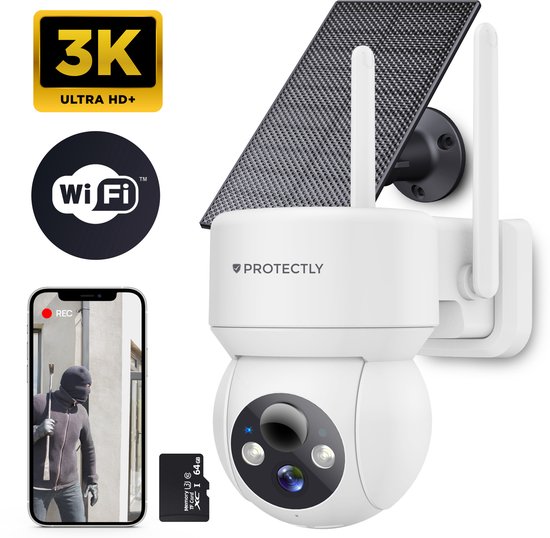 Protectly® Beveiligingscamera Draadloos Buiten – Camerabewaking - Bewakingscamera Voor Buiten - Buitencamera - Buiten Camera Met Nachtzicht - Camera Beveiliging - Oplaadbaar - 3K HD 5MP - Met WiFi en APP - Incl. 64GB SD - Incl. Zonnepaneel - Wit van Protectly