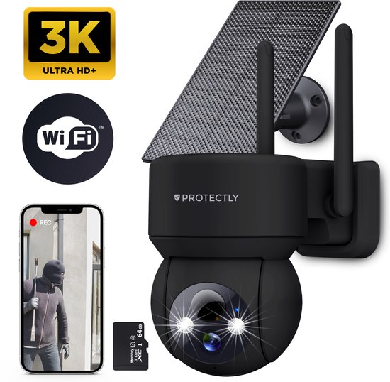 Protectly® Beveiligingscamera Draadloos Buiten - Camerabewaking - Bewakingscamera Voor Buiten - Buitencamera - Buiten Camera Met Nachtzicht - Camera Beveiliging - Oplaadbaar - 3K HD 5MP - Met WiFi en APP - Incl. 64GB SD - Incl. Zonnepaneel - Zwart van Protectly