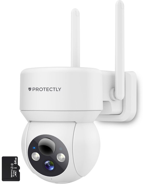 Protectly® Bewakingscamera Voor Buiten - 2K HD 3MP - Incl. 64GB SD - Buiten Camera Met Nachtzicht - Buitencamera - Beveiligingscamera Buiten - Met WiFi en APP 2.4/5 GHz van Merkloos