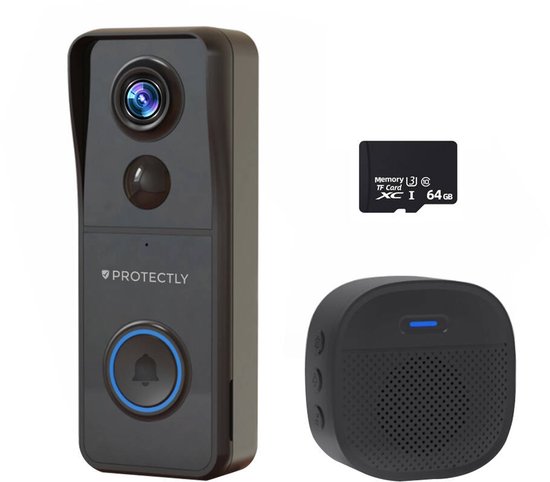 Protectly® Slimme Draadloze Video Deurbel Met Camera - 4K Ultra HD - Geen abonnement - Deurbellen Met Camera - Deurbel Draadloos WiFi - Waterdicht - Incl. Gong - Incl. 64GB SD van Merkloos