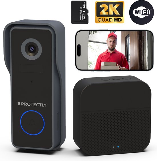 Protectly® Slimme Draadloze Video Deurbel Met Camera - Deurbel Draadloos WiFi - Draadloze Deurbel met Accu - Waterdicht - Incl. draadloze gong - Incl. 64GB SD - Geen Abonnement - 2K Ultra HD van Protectly