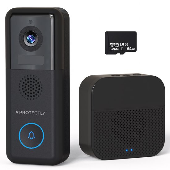 Protectly® Video Deurbel Met Camera - 2K Ultra HD - Geen Abonnement - 2-in-1 Deurbel Bedraad (Vast stroom) & Deurbel Draadloos - Deurbellen Met Camera - Waterdicht - Incl. Gong (T-ring geluid) - Incl. 64GB SD van Protectly