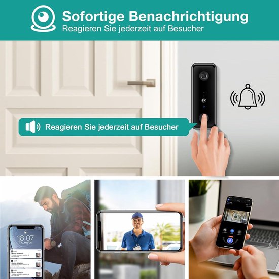 Provento - Draadloze deurbel met camera, 1080P WiFi videodeurtelefoon met nachtzicht, voetgangersdetectie, tweewegintercom en cloudopslag - IP65 waterdicht