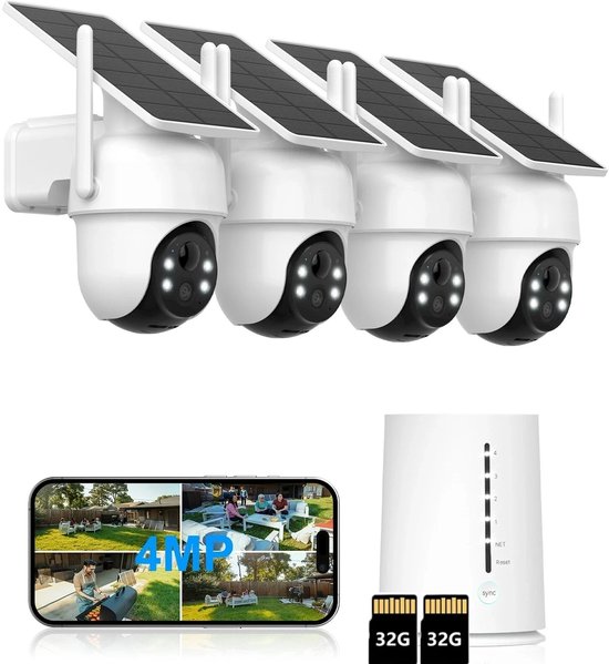 Q04 Buitencamera's, 4 Pack met HomeBase – Beveiligingscamera'svoor Buiten 4MP set - 4K Ultra HD Camerabewaking -resolutie, geïntegreerd zonnepaneel, compatibel met Apple HomeKit, Alexa en Google Assistant - mit 2*32GB Karte