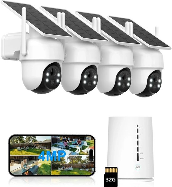 Q04 Buitencamera's, 4 Pack met HomeBase – Beveiligingscamera'svoor Buiten 4MP set - 4K Ultra HD Camerabewaking -resolutie, geïntegreerd zonnepaneel, compatibel met Apple HomeKit, Alexa en Google Assistant - mit 32GB Karte