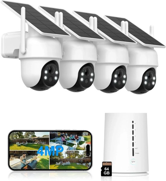 Q04 Buitencamera's, 4 Pack met HomeBase – Beveiligingscamera'svoor Buiten 4MP set - 4K Ultra HD Camerabewaking -resolutie, geïntegreerd zonnepaneel, compatibel met Apple HomeKit, Alexa en Google Assistant - mit 64GB Karte