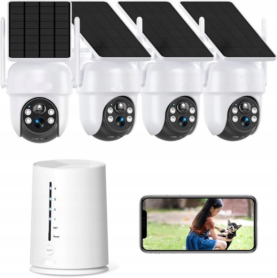 Q04 Buitencamera's, 4 Pack met HomeBase – Beveiligingscamera'svoor Buiten 4MP set - 4K Ultra HD Camerabewaking -resolutie, geïntegreerd zonnepaneel, compatibel met Apple HomeKit, Alexa en Google Assistant van Merkloos