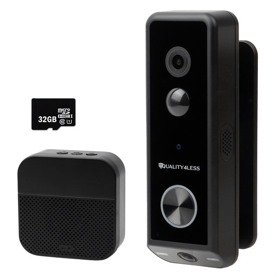 Quality4Less™ - Slimme Video Deurbel met dubbele camera - 2K Ultra HD - Werkt draadloos & bedraad - Wifi deurbel - Zonder abonnement - Incl. draadloze gong en 32GB SD-Kaart - (T-ring geluid) - Zwart van Merkloos