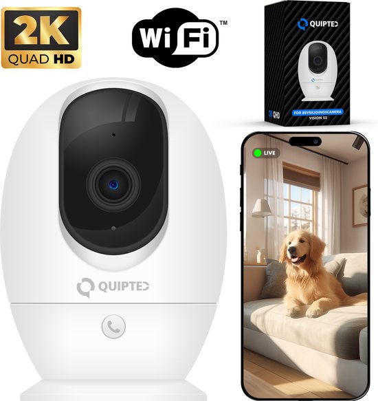 Quipted S2 Beveiligingscamera binnen - Huisdiercamera met app - Petcam - Hondencamera - Met WiFi APP - 2K 4MP Ultra HD - Volgt beweging en geluidsdetectie - Indoor Camera van Merkloos