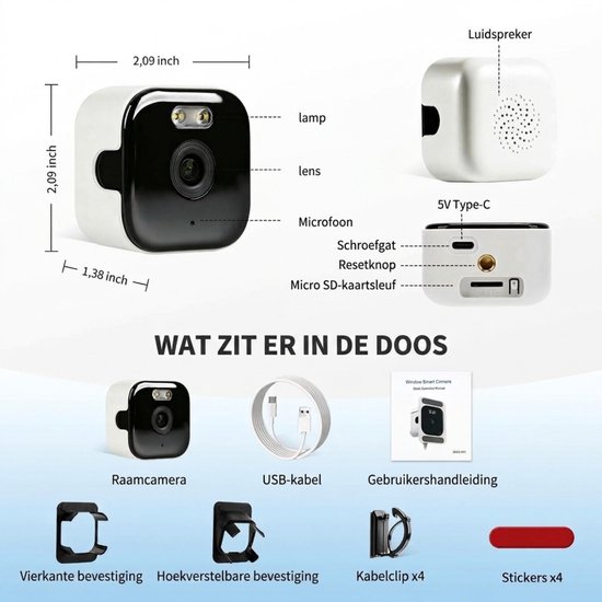 Raamcamera Beveiliging - Binnencamera Huis - Buiten Bewaken -Zwart