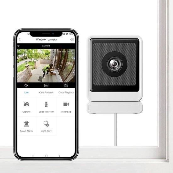 RaamCamera op Stroom - Beveiligingscamera - Aan Tegen Raam Aan - wifi in Huis - Met App van RaamCamera