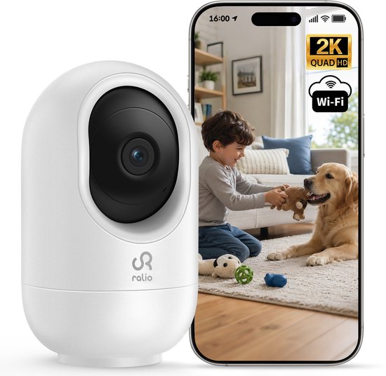 Ralio Beveiligingscamera binnen - 3MP Ultra HD - Huisdiercamera met App - Wifi Camera - beweging en geluidsdetectie - Bewakingscamera - Babyfoon - 2.4/5 GHz - Wit