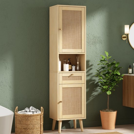 REDOM - Badkamer hoge kast - Rattan kastdeuren - Links-rechts omkeerbaar - Lade en open vak - Magnetische sluiting - MDF - Natuurlijke houtkleur - 40 x 30 x 166 cm