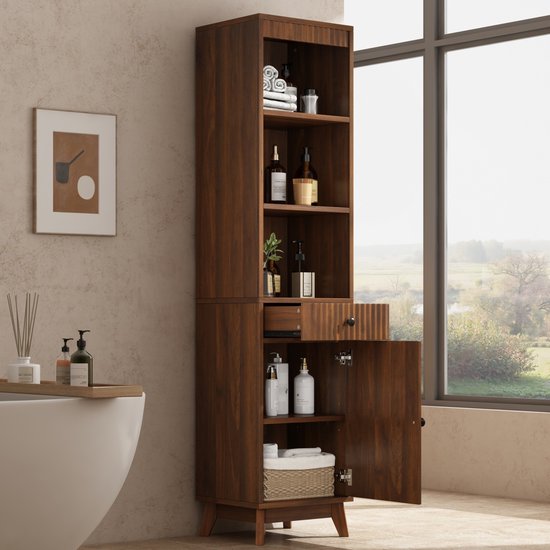 REDOM - Badkamer hoge kast - Vrijstaande opbergkast - Omkeerbare deur - Soft-Close scharnieren - Lade - MDF - Walnoot - 40 x 36 x 172 cm