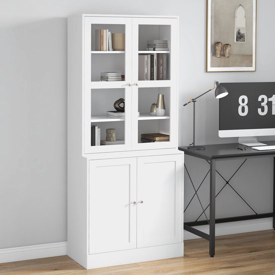 REDOM - Boekenkast met glazen deuren - 4 bovenste vakken en 2 onderste vakken - Verstelbare planken - MDF en gehard glas - Woonkamer en keuken - Wit - 76 x 40 x 178,5 cm