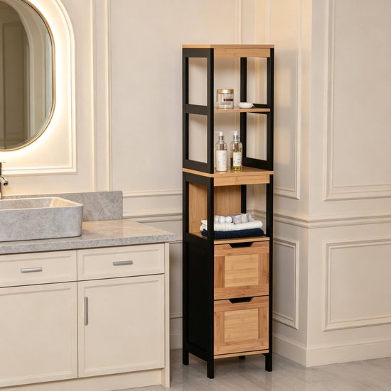 REDOM - Hoge badkamerkast - 3 legplanken - 2 laden - Smalle staande opbergtoren - Bamboe en MDF - Zwart en naturel - 30 x 30 x 144,3 cm