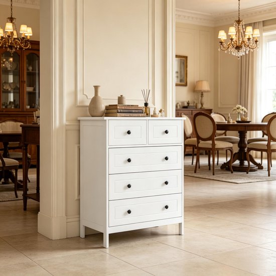 REDOM - Ladekast - 5 lades - 2 kleine en 3 grote lades - Anti-kantelbeveiliging - Modern design - Slaapkamer keuken of hal - MDF en spaanplaat - Wit - 74 x 40 x 91 cm