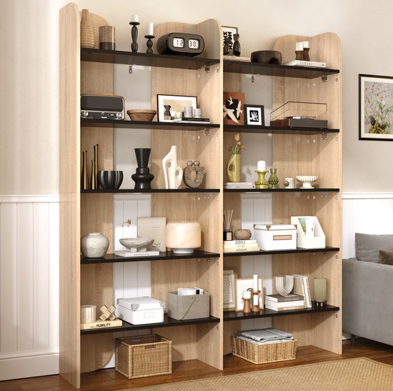 REDOM - Open boekenrek - 5 niveaus - Middelste scheidingswanden - Open opbergruimte - PB-plaat met metalen beslag - Naturel en zwart - 135 x 25 x 160 cm