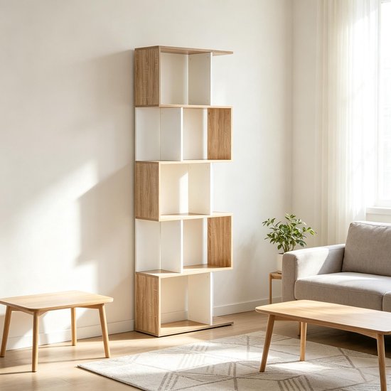 REDOM - S-vormige boekenkast - Open opbergrek - 5 niveaus - Staand model - Moderne stijl - Werkruimte en kantoor - Spaanplaat - Eikenhout en wit - 60 x 24 x 184,5 cm