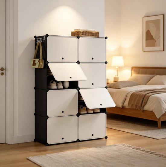 REDOM - Schoenorganizer - Modulaire opbergkast met 8 vakken - DIY-montage - Met zijhaken - Voor hal en kantoor - ABS, metaal, PP - Zwart Wit - 94 x 36,5 x 144 cm