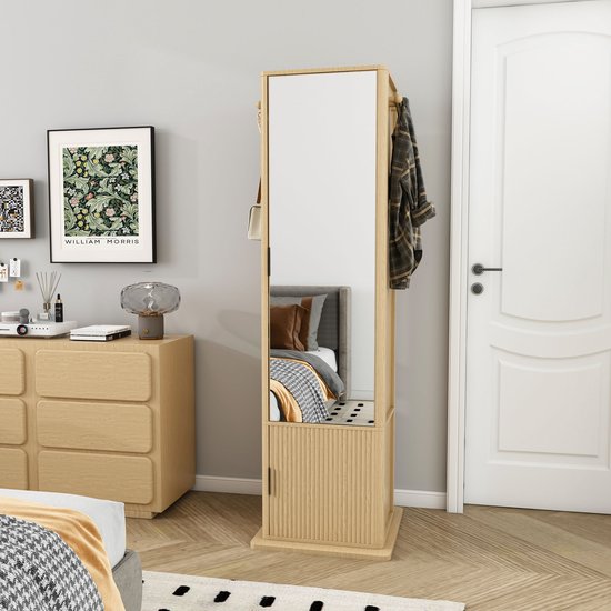 REDOM - Sieradenkast - 360° draaibaar - 4-in-1 met full-bodyspiegel en 6 haken - Open planken voor tassen en boeken - MDF glas en spaanplaat - Natuurlijk hout - 50 x 50 x 170 cm