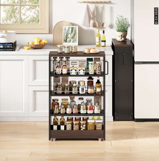 REDOM - Smalle opbergwagen op wielen - 4 verstelbare legplanken met RVS stootrails - Modern - Keuken en badkamer - MDF - Zwart en Bruin - 55 x 16 x 85 cm