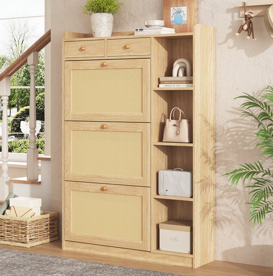 REDOM - Smalle schoenenkast - 3 klepvakken - Verstelbare legplanken - 2 laden - Open zijvakken - Spaanplaat met rotanfront - Naturel - 90 x 24 x 130 cm