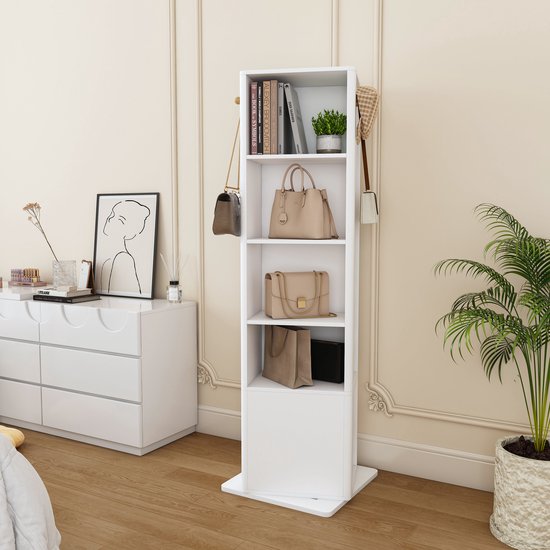 REDOM - Spiegelkast - 360° draaibaar - 4-in-1 met sieradenopberging - Open opbergrek en 6 haken - Moderne stijl - Slaapkamer - MDF en glas - Wit - 50 x 50 x 170 cm