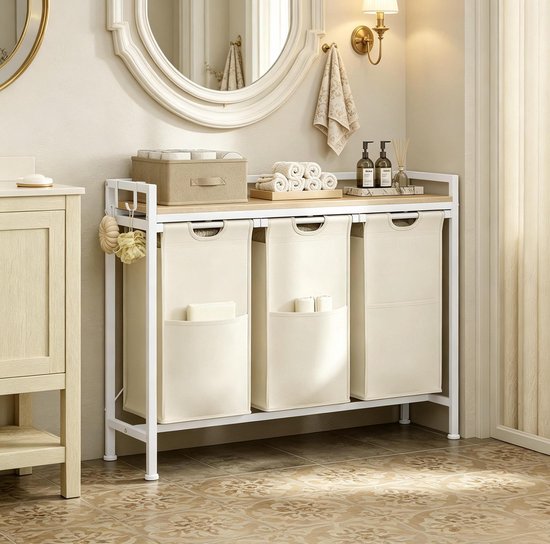 REDOM - Wasmand met 3 vakken - Uitneembare wasmanden - Badkamer opbergrek - Was-sorteerder - Metaal en hout - Lichte eik en wit - 96 x 30 x 71 cm van Redom