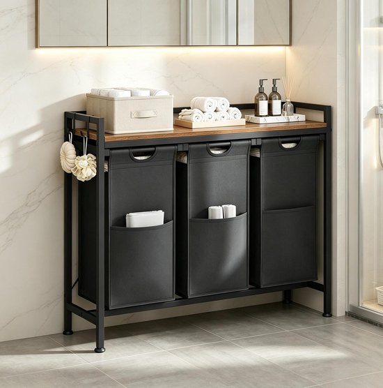 REDOM - Wasmandenrek - 3 uitneembare wasmanden - 3 vakken van 40 liter - Werkblad en 2 haken - Badkamer - Metaal, hout en Oxford-stof - Zwart en bruin - 96 x 30 x 71 cm van Redom