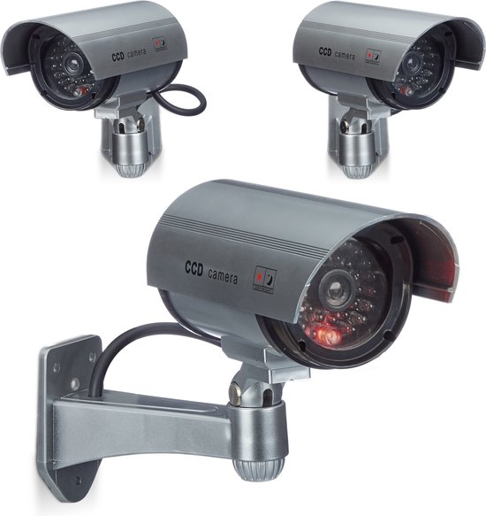 Relaxdays 3x dummy beveiligingscamera - voor wandmontage - LED licht - zilver - nepcamera van Relaxdays