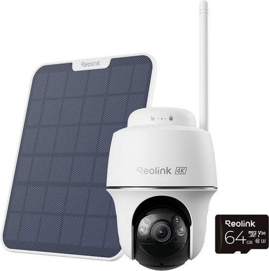 Reolink 4K Batterij WiFi Beveiligingscamera - Kleurnachtzicht - Automatische tracking - Afneembaar zonnepaneel - Dual-band WiFi 6 - Tweerichtingsaudio - Argus Serie B440 met Zonnepaneel 2 + 64GB SD-kaart