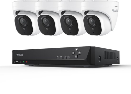 Reolink 4K UHD PoE-beveiligingscamerasysteem RLK8-800D4 - 8CH NVR met ingebouwde 2 TB HDD - 4 Stuks 4K/8MP PoE Bedrade Koepelcamera's met Persoons- En Voertuigdetectie - 30 m Haarscherp Nachtzicht - 24/7 Opname