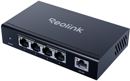 Reolink RLA-PS1E Hoge Snelheid en Stabiliteit 4+1-poorts PoE Switch voor Thuis & Zakelijk, Compatibel met REOLINK PoE Beveiligingscamera's/NVR, Metalen Behuizing, Wand-/Bureaumontering van Reolink