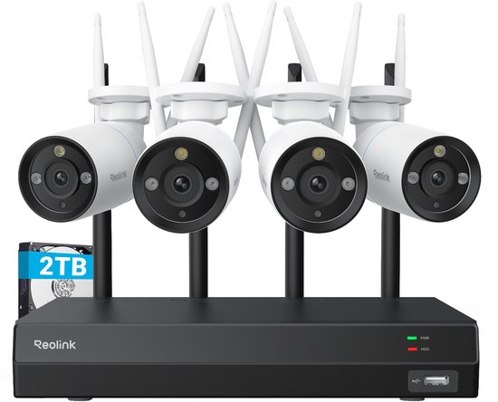 Reolink RLK12-800WB4 4K Beveiligingscamera Systeem, 4 Stuks Outdoor 4K/8MP Plug-in WiFi 6 Camera‘s, 2,4/5 GHz, Kleuren Nachtzicht, Persoons-/Voertuig-/Dierendetectie, 2-weg Audio, 16CH WiFi NVR met 2TB HDD van Reolink