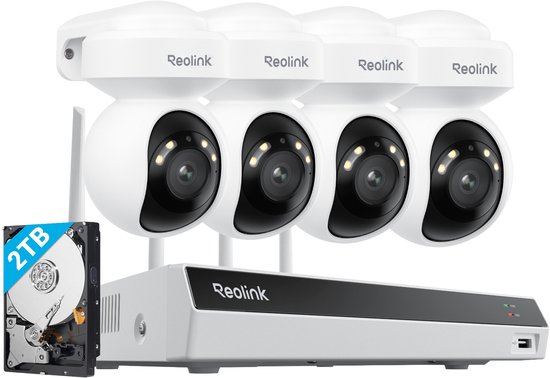 Reolink RLK12-800WPT4 4K Pan-Tilt Beveiligingssysteem met Wi-Fi 6, 4 Stuks 355° Draaiende Buitencamera's met Auto-Tracking, Slimme AI-detectie, Spotlicht Kleuren Nachtzicht, 16-Kanaals Wi-Fi NVR met 2TB HDD voor 24/7 Bewaking van Reolink