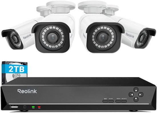 REOLINK RLK8-800B4 4K Beveiligingscamera Systeem - H.265 4 Stuks 8MP PoE Beveiligingscamera's Bedraad met Persoons- en Voertuigdetectie, 4K 8CH NVR met 2TB HDD voor 24/7 Opname van Reolink
