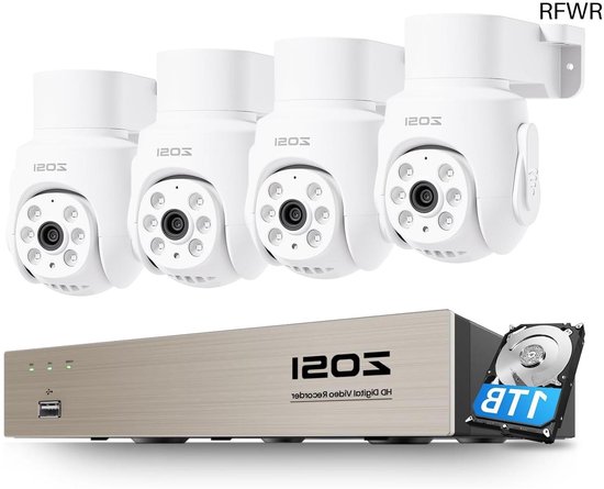 RFWR® 1080p Bewakingscameraset met 5MP DVR Recorder en 1TB HDD – 4X 2MP CCTV Camera's met 360° Pan & Tilt